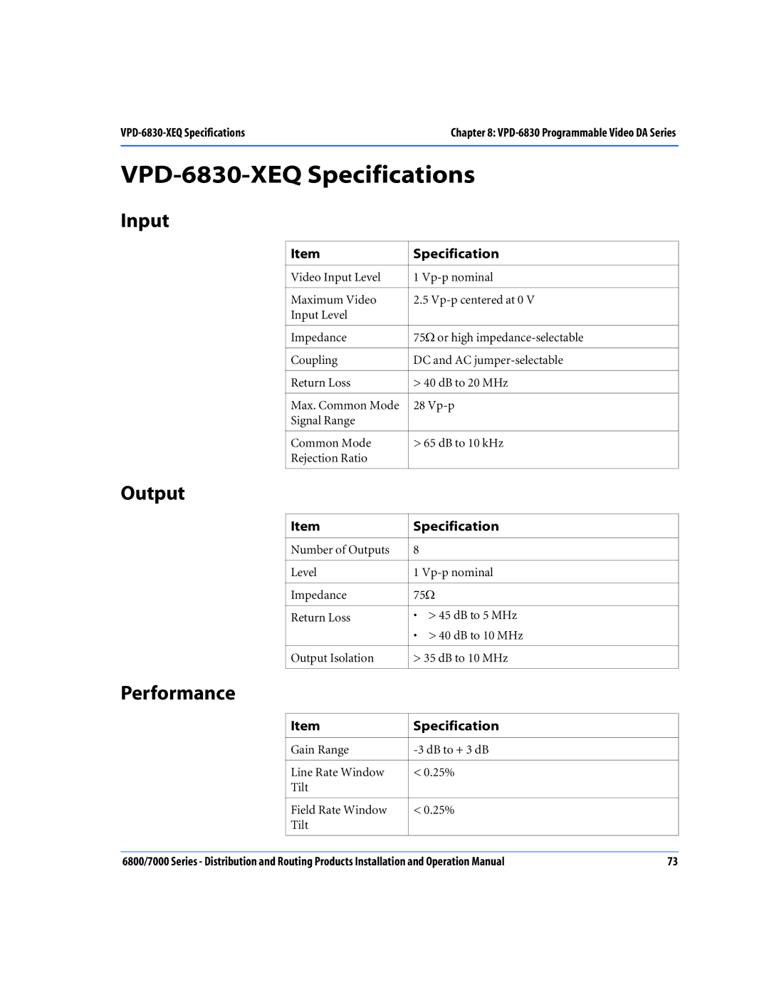 Nokia 6800 Series, 7000 Series operation manual VPD-6830-XEQ Specifications, Input 