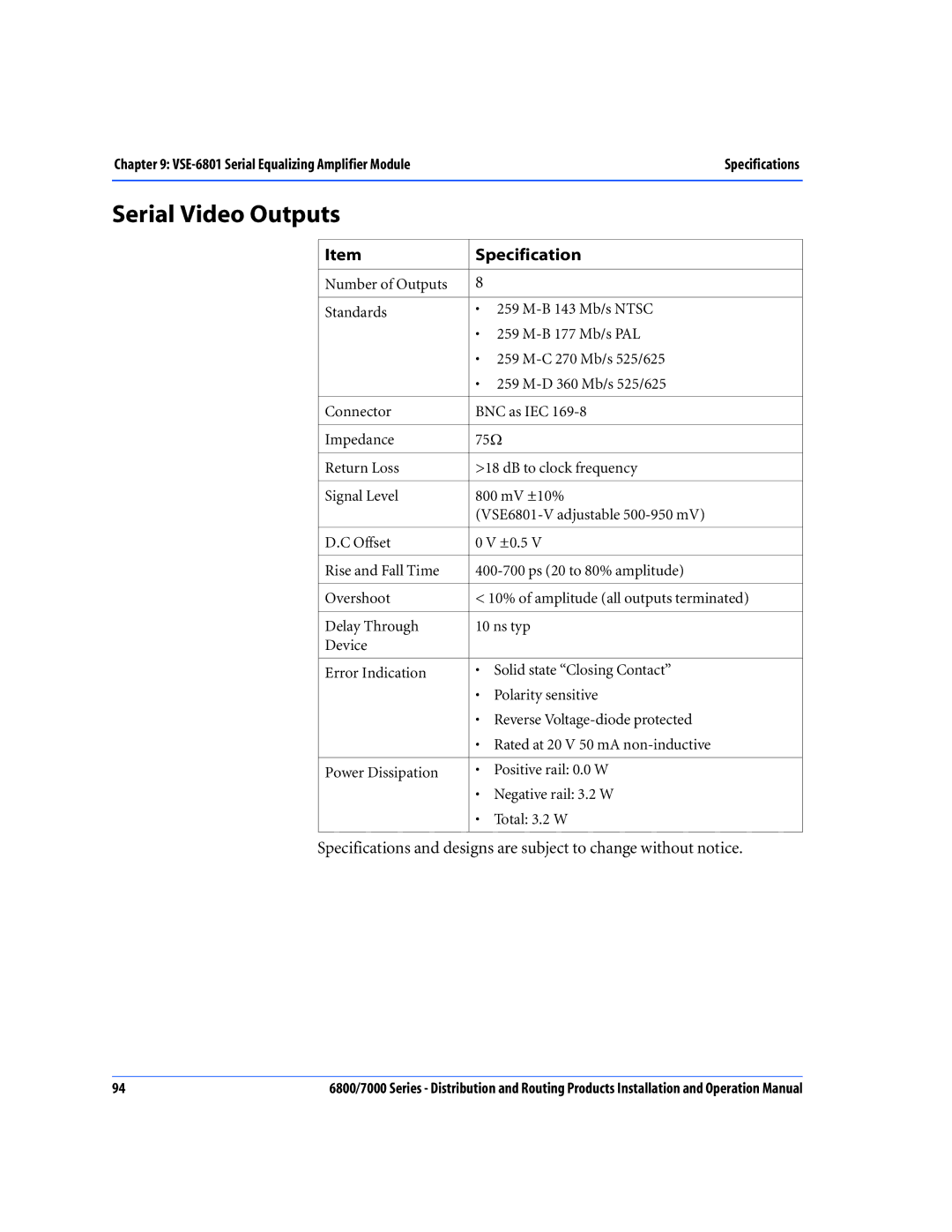 Nokia 7000 Series, 6800 Series operation manual VSE-6801 Serial Equalizing Amplifier ModuleSpecifications 