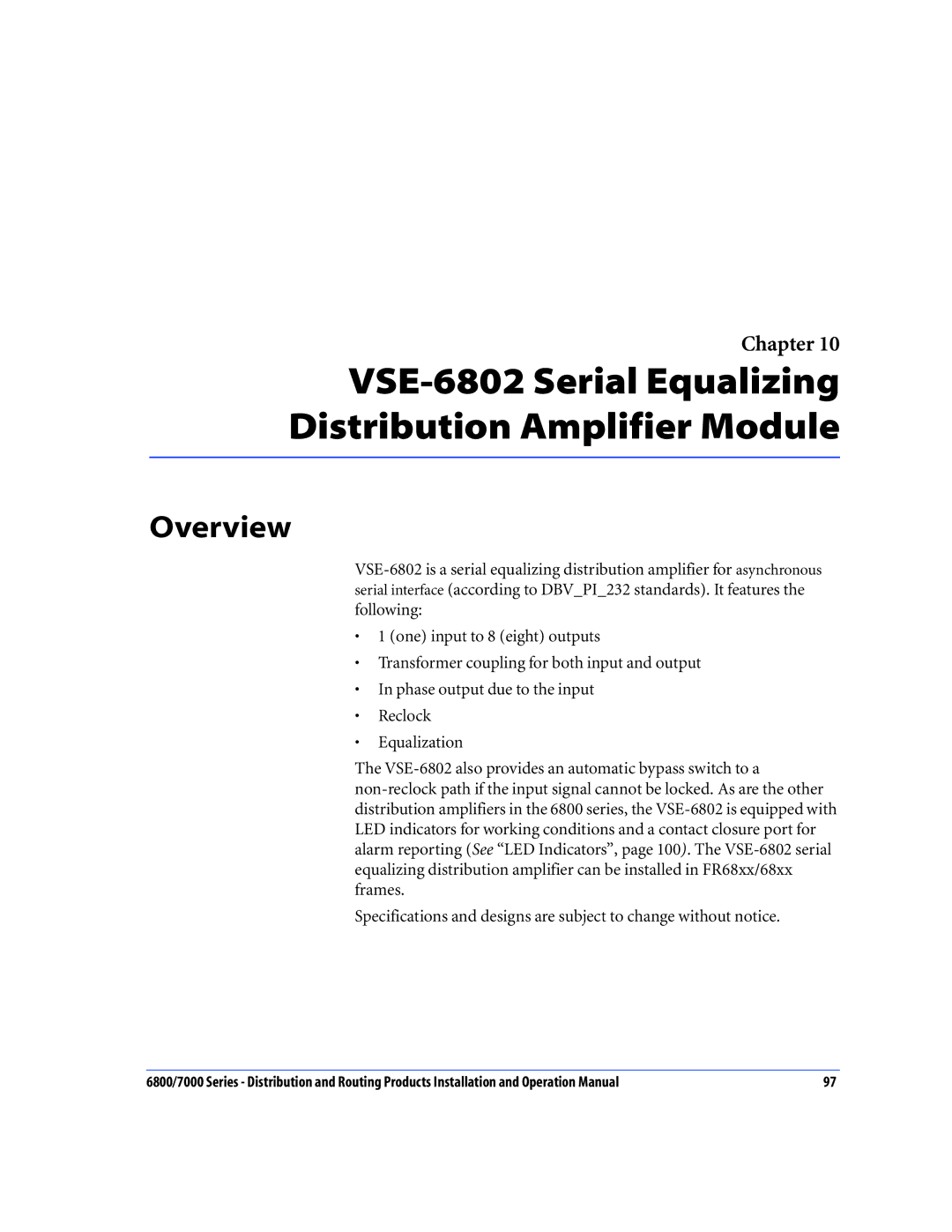 Nokia 6800 Series, 7000 Series operation manual VSE-6802 Serial Equalizing Distribution Amplifier Module, Overview 