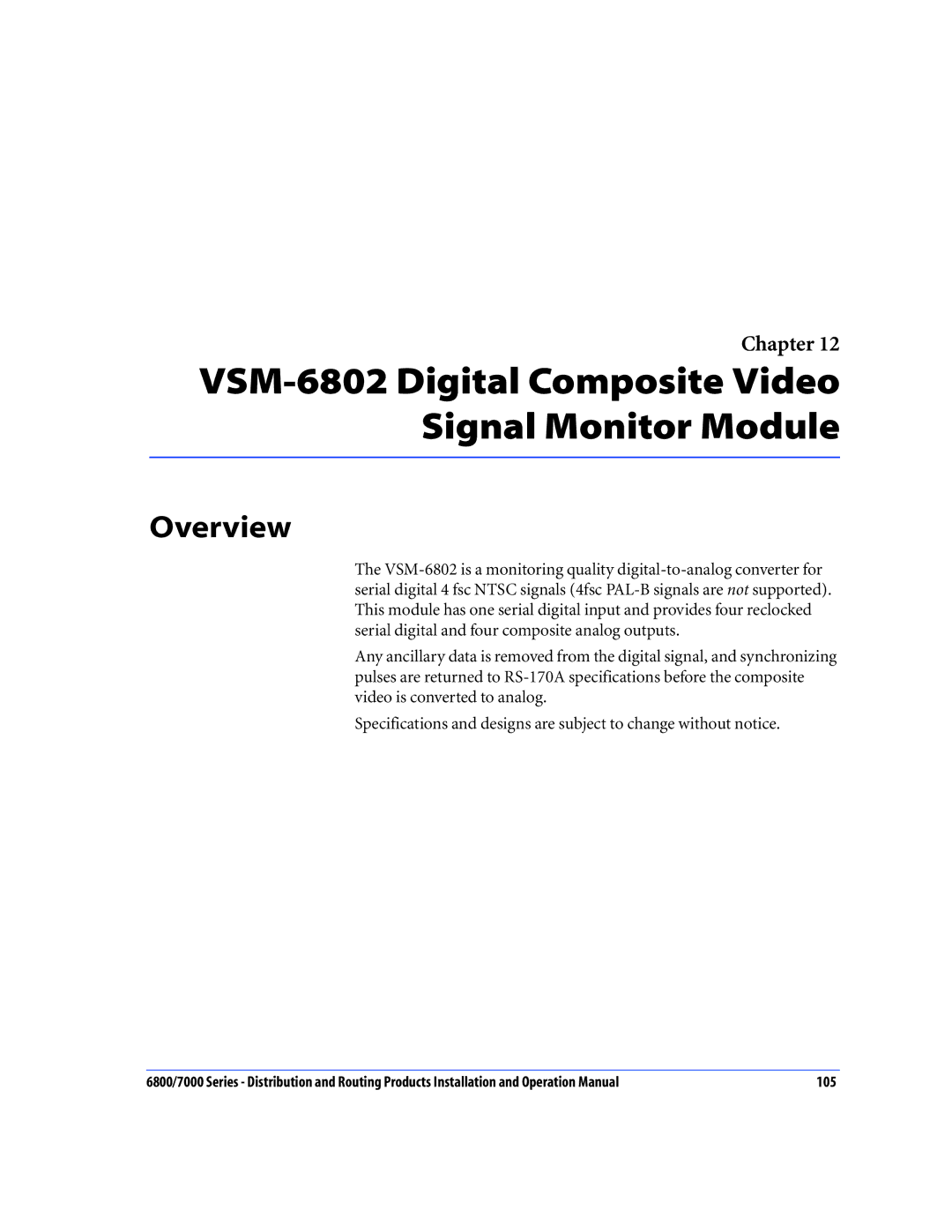 Nokia 6800 Series, 7000 Series operation manual VSM-6802 Digital Composite Video Signal Monitor Module, Overview 