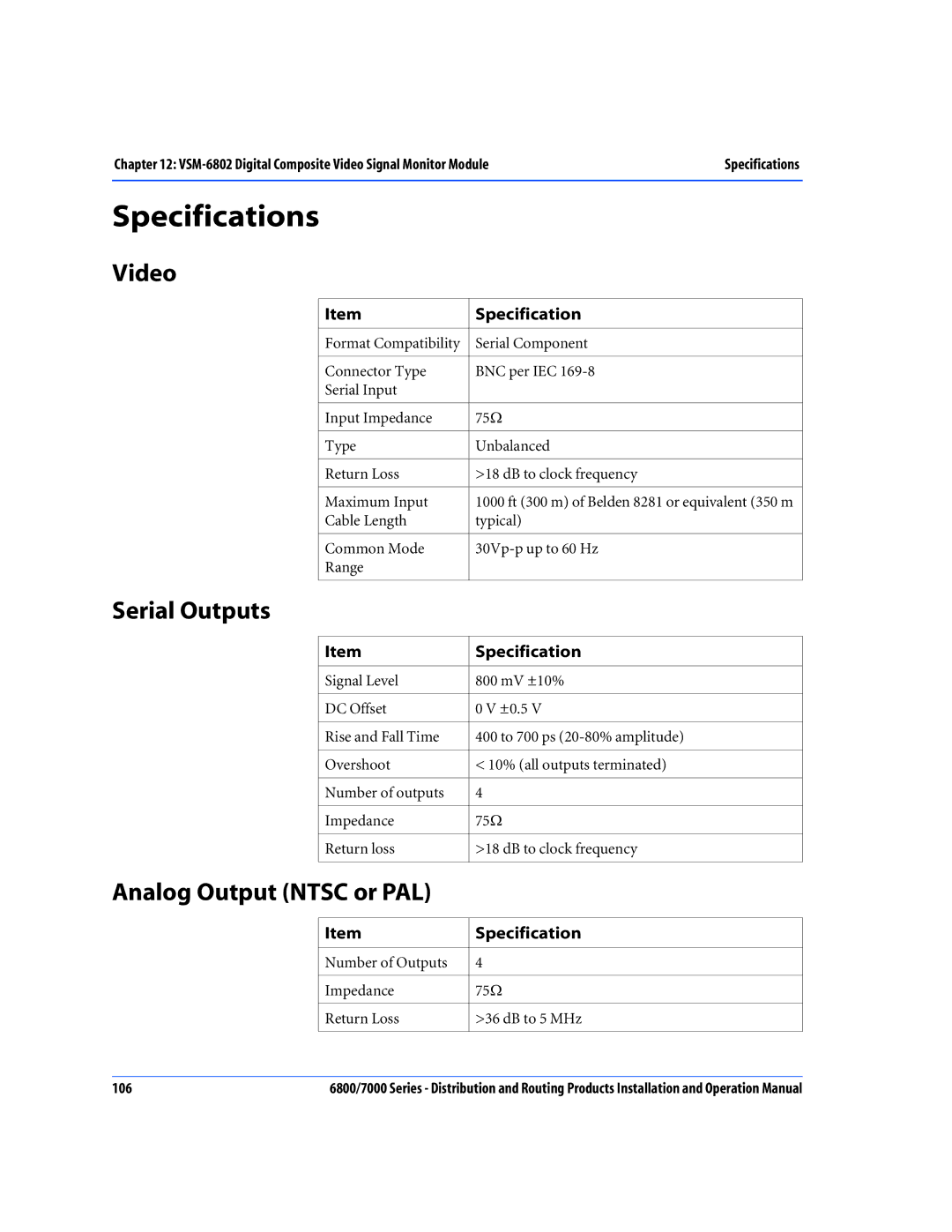 Nokia 7000 Series, 6800 Series operation manual Video, Serial Outputs, Analog Output Ntsc or PAL 