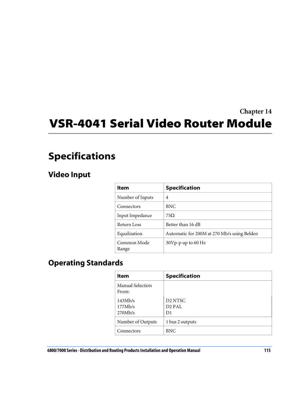 Nokia 6800 Series, 7000 Series operation manual VSR-4041 Serial Video Router Module, Video Input, Operating Standards 