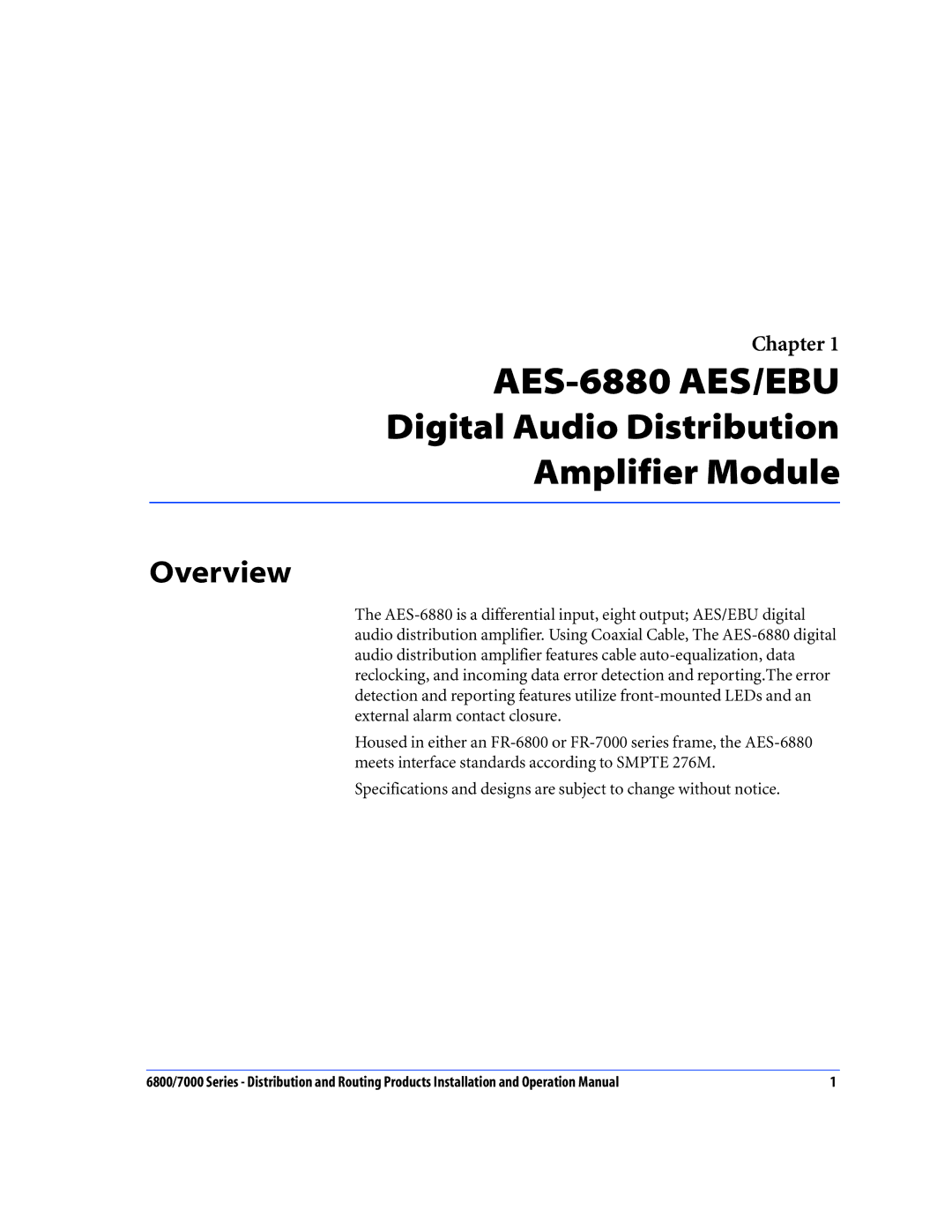 Nokia 6800 Series, 7000 Series operation manual AES-6880 AES/EBU, Overview 