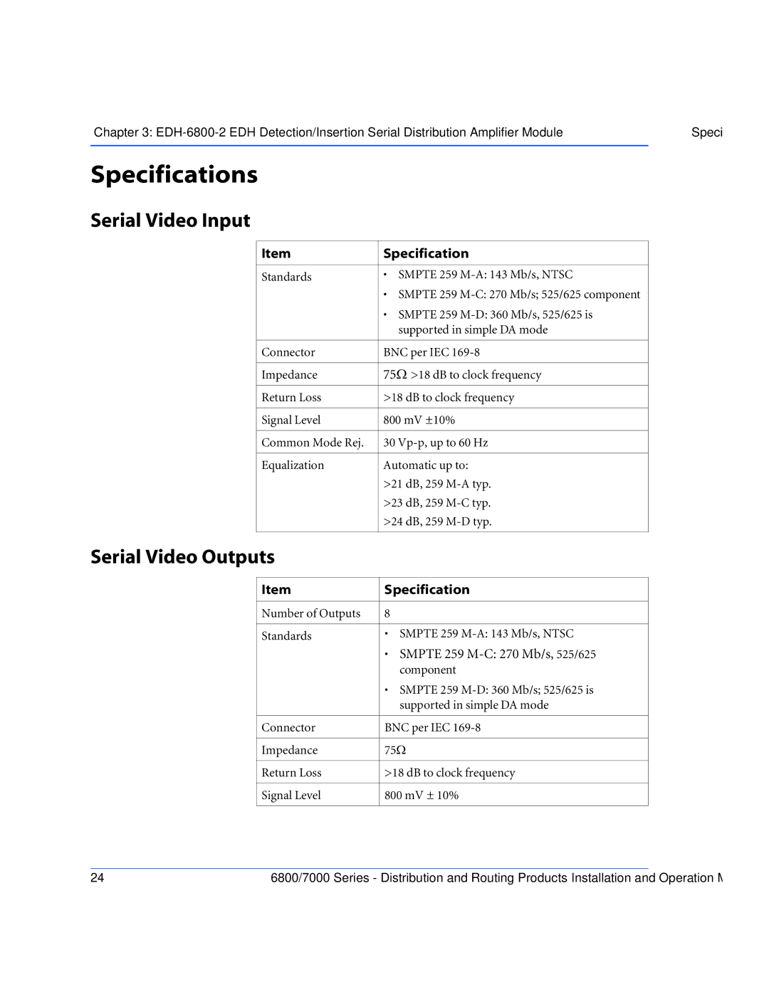 Nokia 7000 Series, 6800 Series operation manual Serial Video Input, Serial Video Outputs 