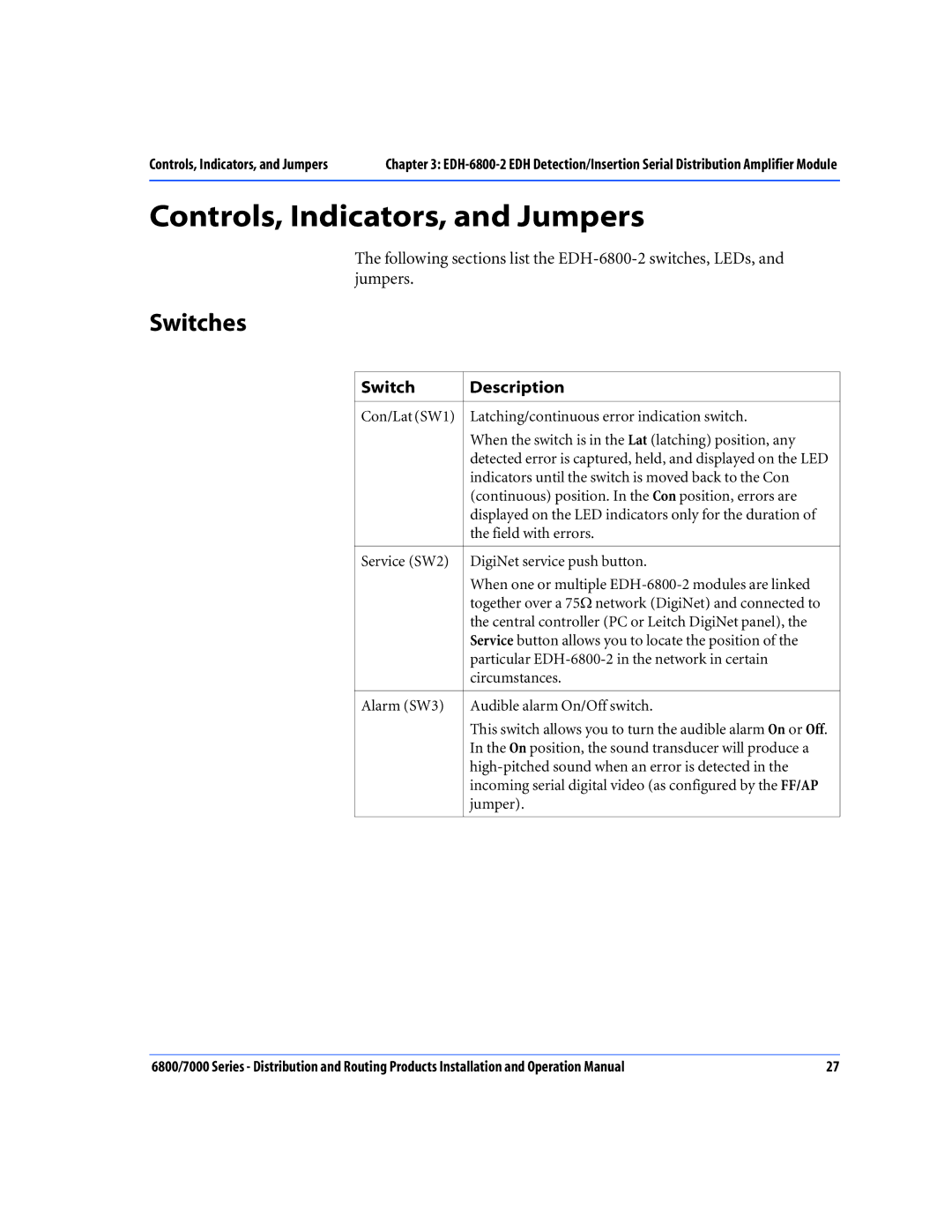 Nokia 6800 Series, 7000 Series operation manual Controls, Indicators, and Jumpers, Switches, Switch Description 