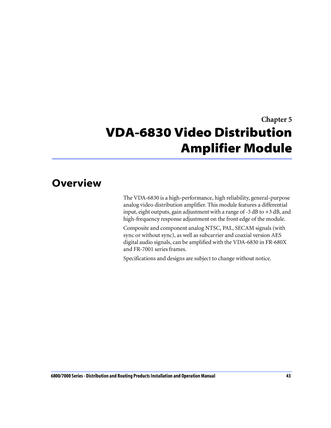 Nokia 6800 Series, 7000 Series operation manual VDA-6830 Video Distribution Amplifier Module, Overview 