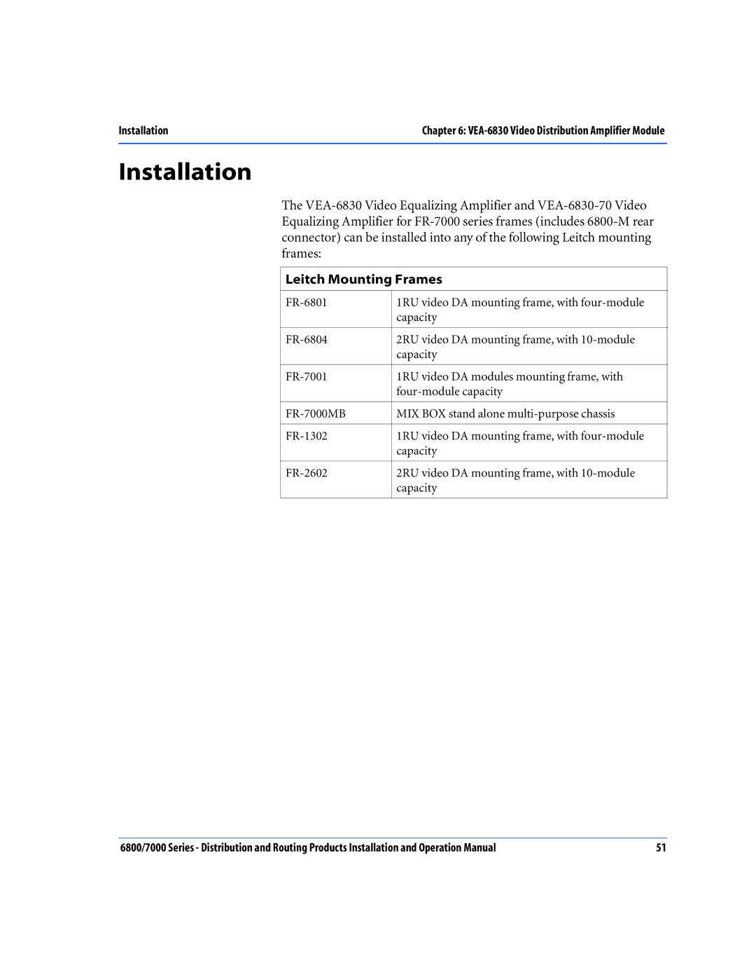 Nokia 6800 Series, 7000 Series operation manual Installation, Leitch Mounting Frames 