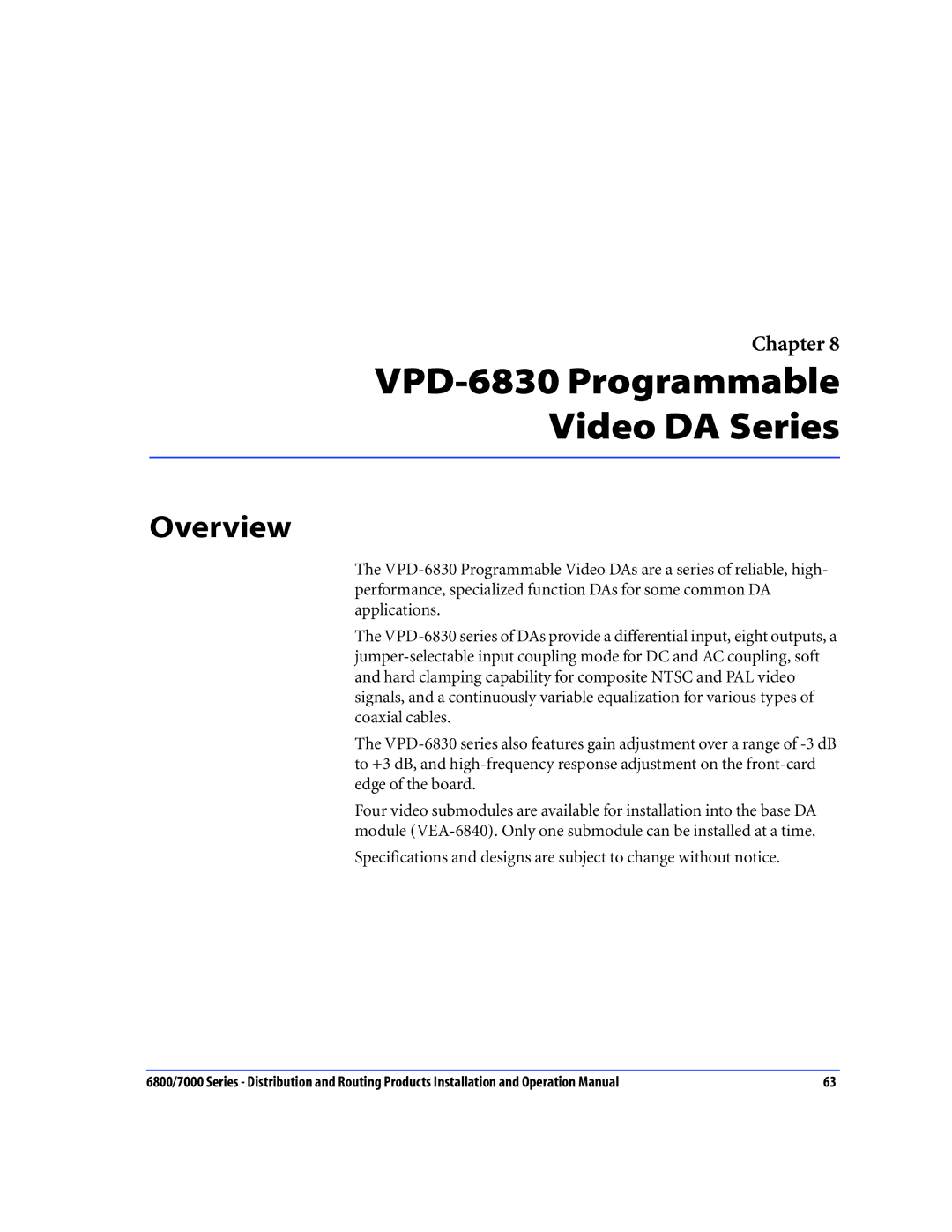 Nokia 6800 Series, 7000 Series operation manual VPD-6830 Programmable Video DA Series, Overview 