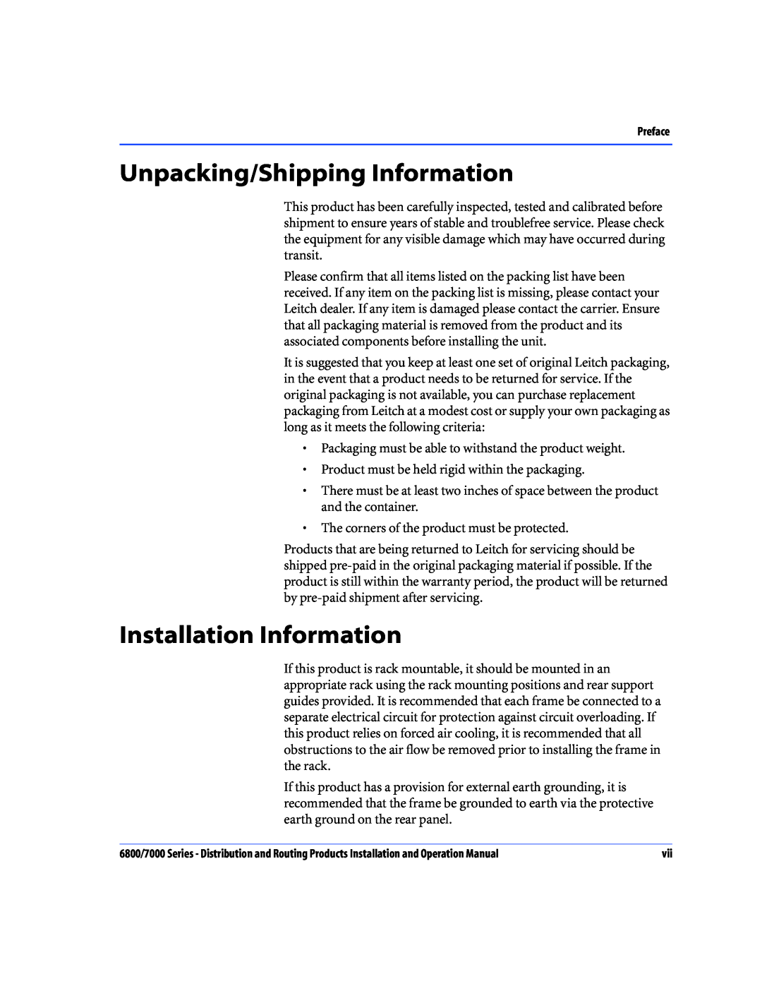 Nokia 6800 Series, 7000 Series operation manual Unpacking/Shipping Information, Installation Information 