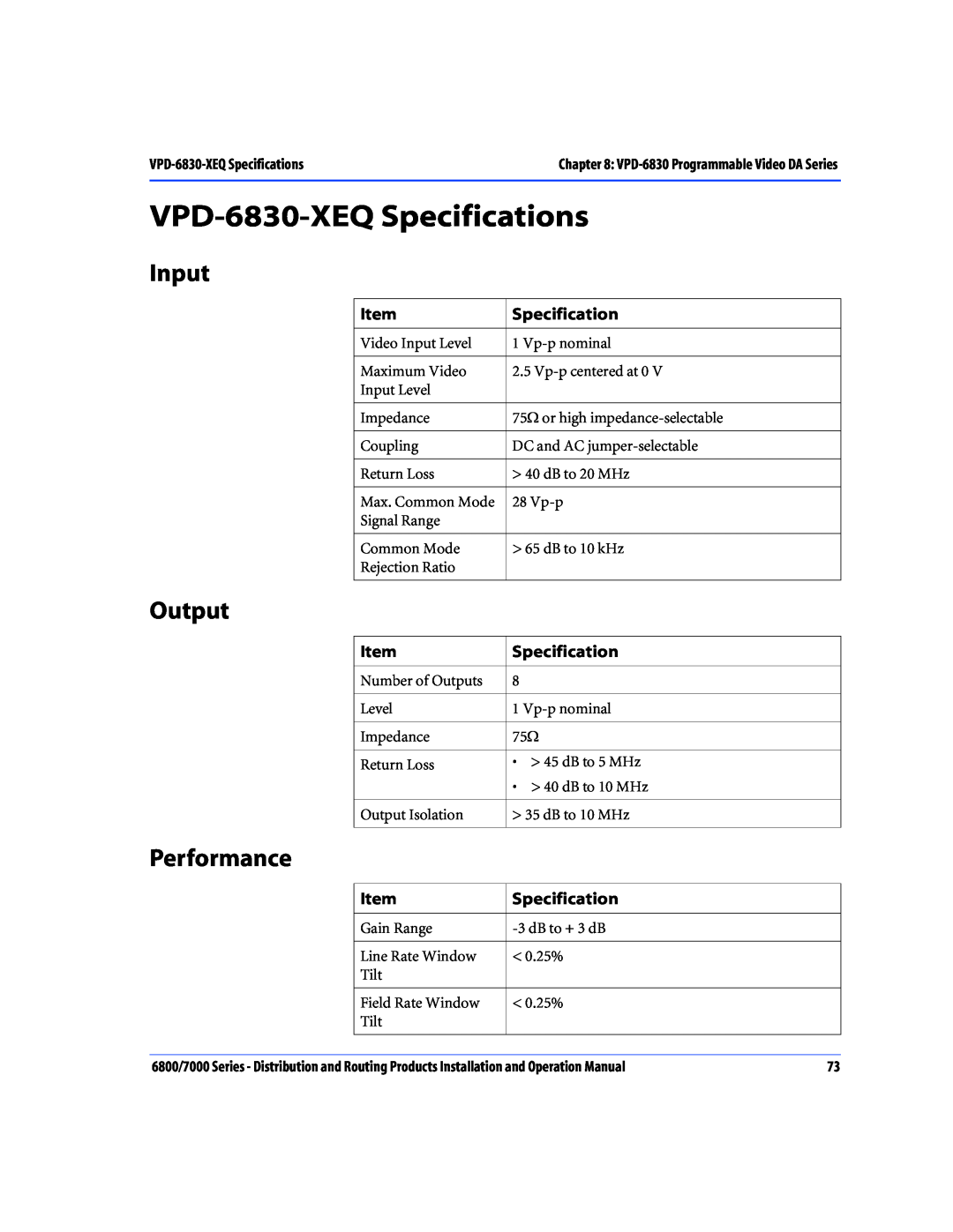Nokia 6800 Series, 7000 Series operation manual VPD-6830-XEQ Specifications, Input, Output, Performance 