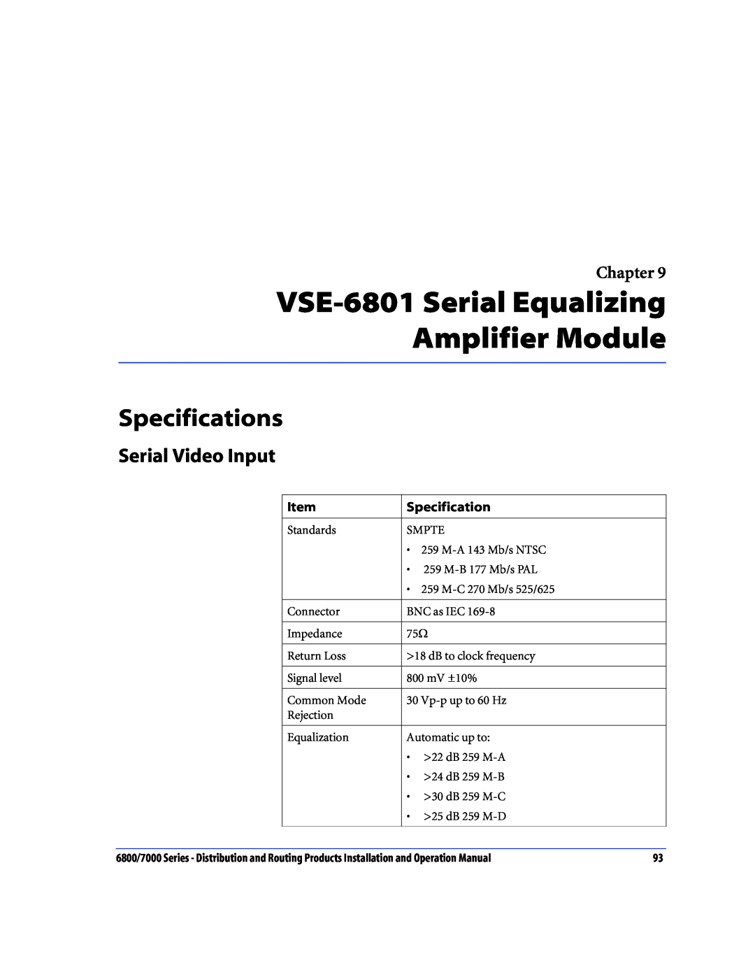 Nokia 6800 Series, 7000 Series VSE-6801 Serial Equalizing Amplifier Module, Specifications, Serial Video Input, Chapter 