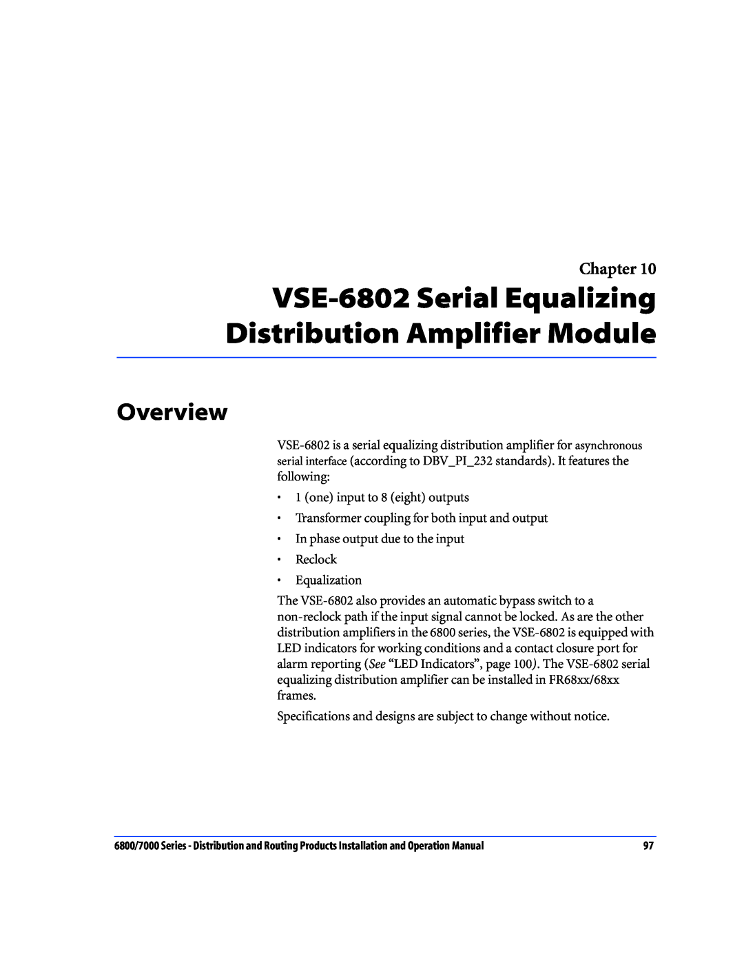Nokia 6800 Series, 7000 Series operation manual VSE-6802 Serial Equalizing Distribution Amplifier Module, Overview, Chapter 