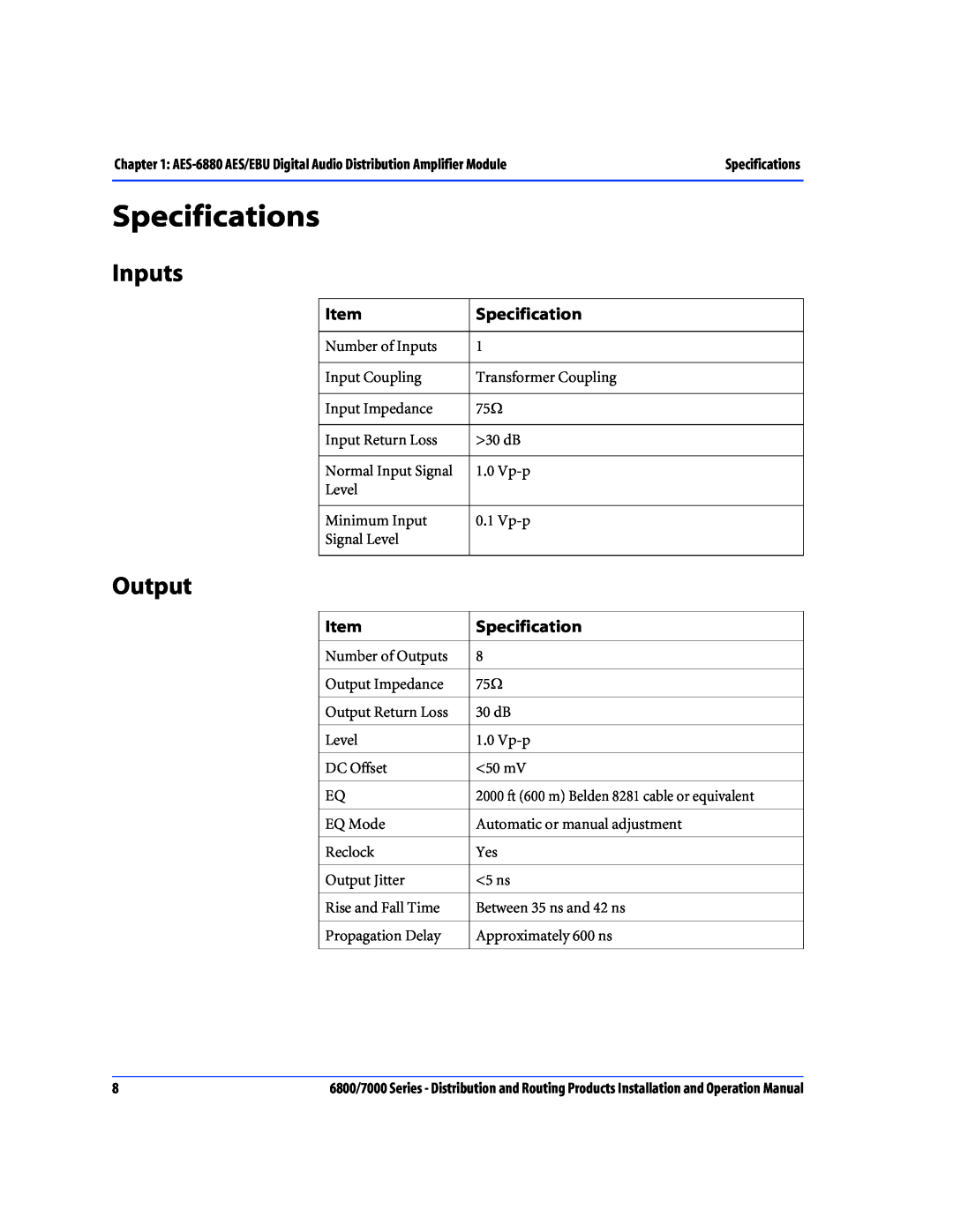 Nokia 7000 Series, 6800 Series operation manual Specifications, Inputs, Output 