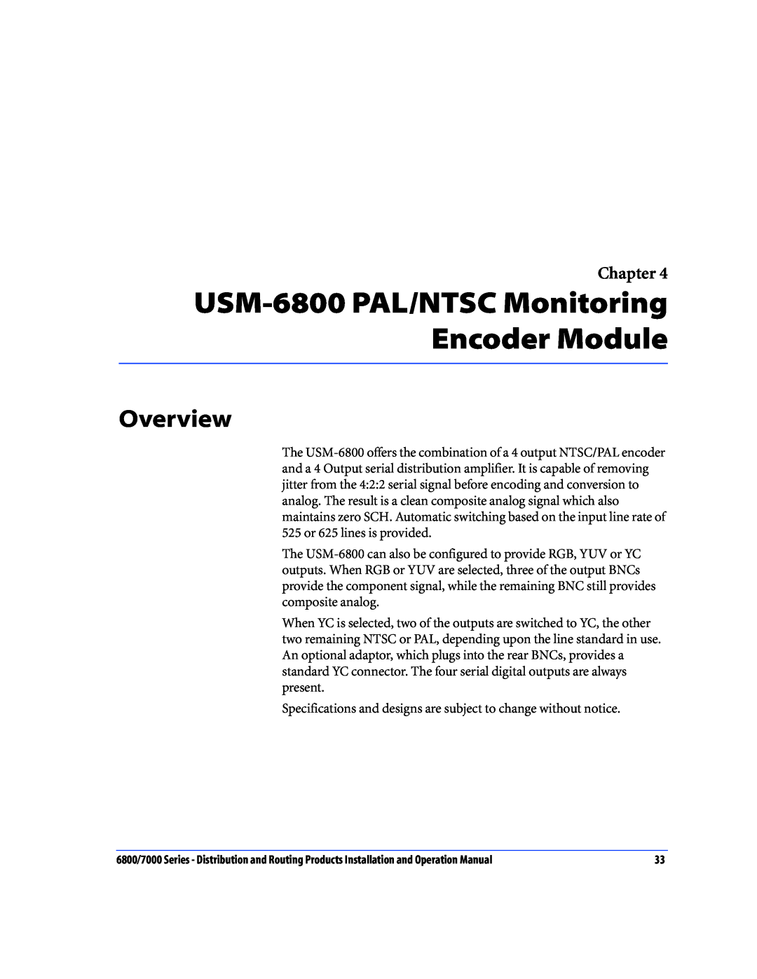 Nokia 6800 Series, 7000 Series operation manual USM-6800 PAL/NTSC Monitoring Encoder Module, Overview, Chapter 