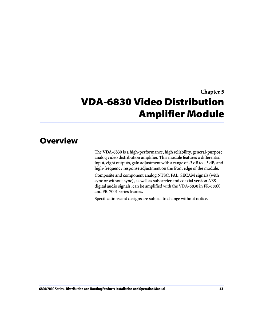 Nokia 6800 Series, 7000 Series operation manual VDA-6830 Video Distribution Amplifier Module, Overview, Chapter 