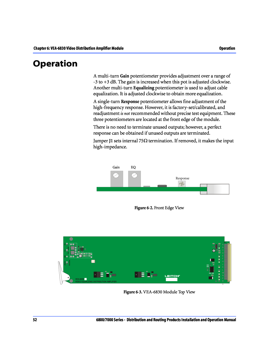 Nokia 7000 Series, 6800 Series operation manual Operation, 2. Front Edge View, 3. VEA-6830 Module Top View 