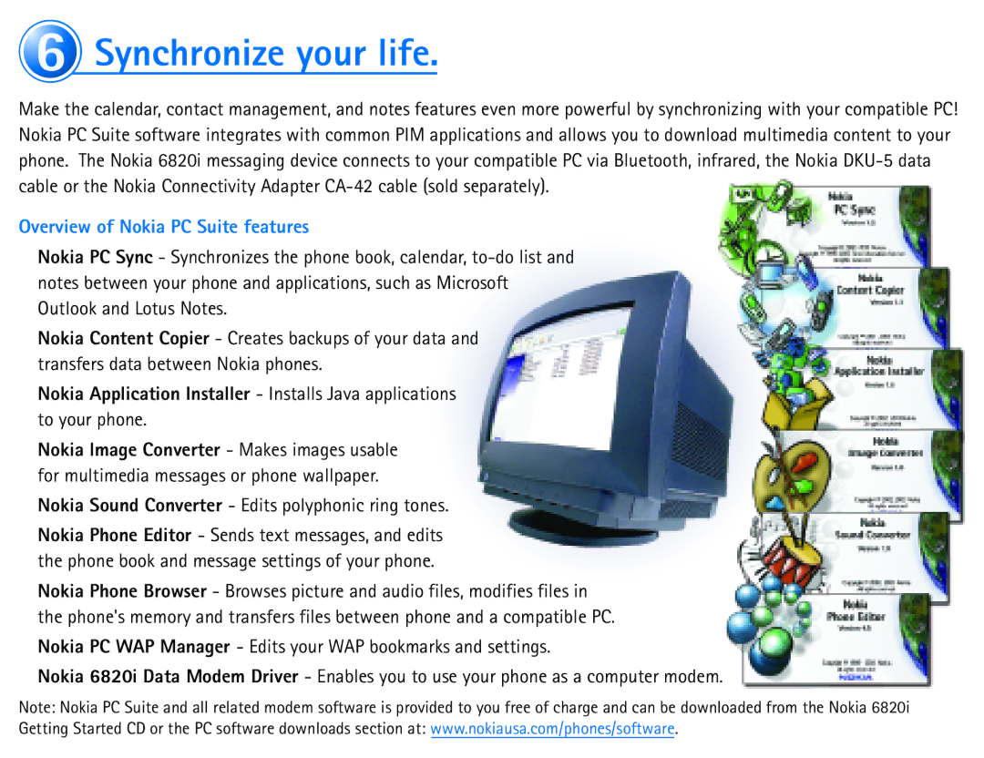 Nokia 6820 quick start Synchronize your life, Overview of Nokia PC Suite features 