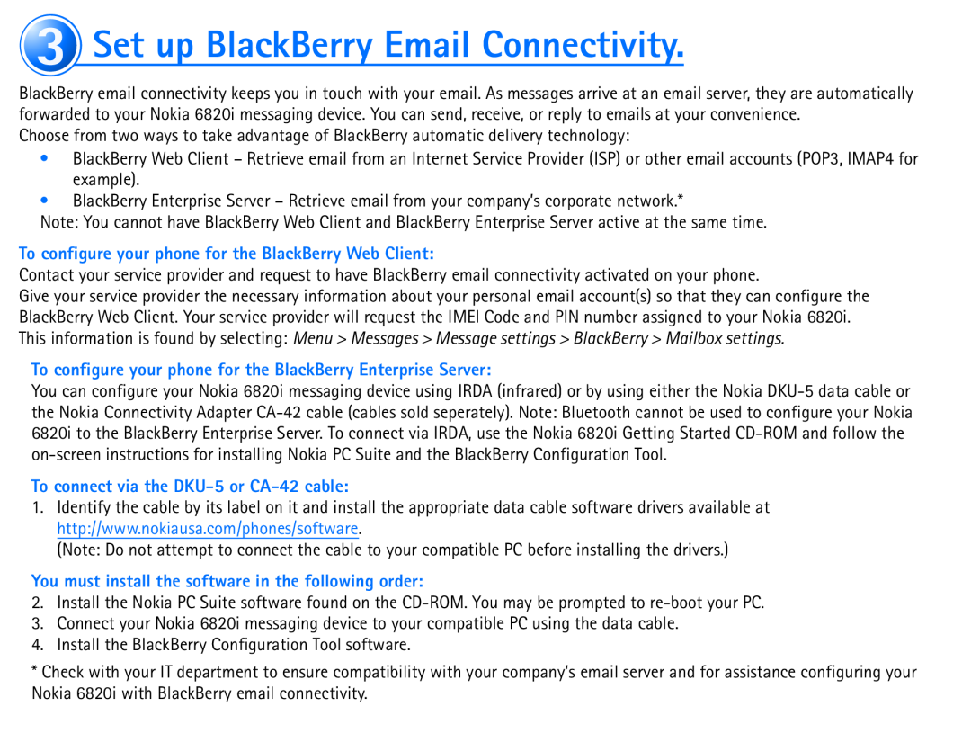 Nokia 6820 quick start Set up BlackBerry Email Connectivity, To configure your phone for the BlackBerry Web Client 