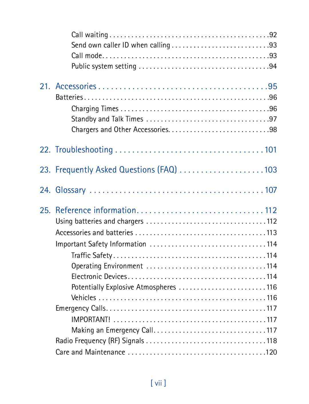 Nokia 7160 manual Accessories, Troubleshooting Frequently Asked Questions FAQ Glossary, Vii 