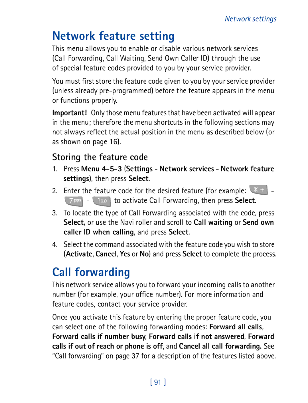 Nokia 7160 manual Network feature setting, Call forwarding, Storing the feature code 