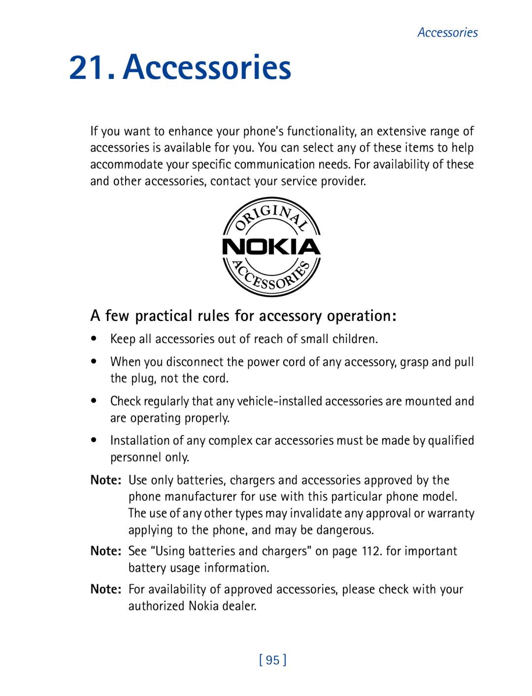 Nokia 7160 manual Accessories, Few practical rules for accessory operation 