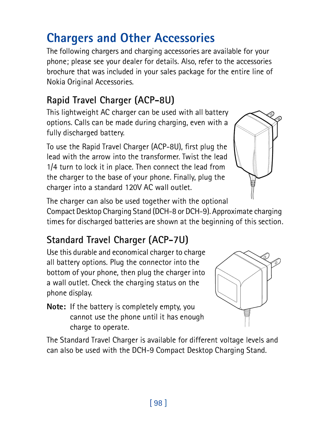 Nokia 7160 manual Chargers and Other Accessories, Rapid Travel Charger ACP-8U, Standard Travel Charger ACP-7U 