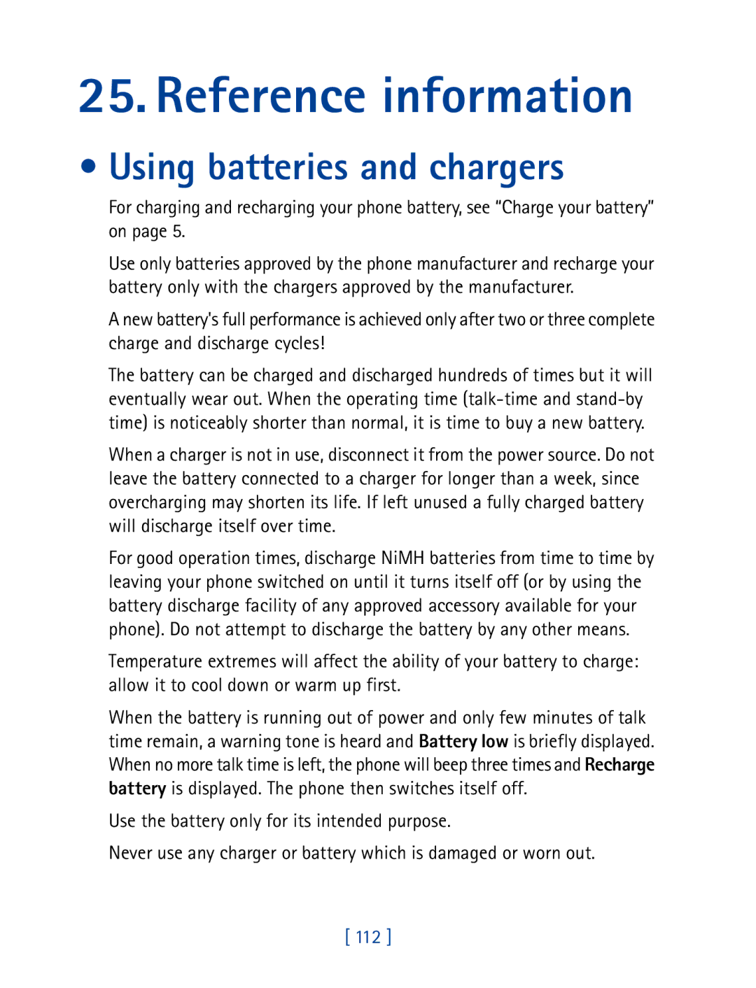 Nokia 7160 manual Reference information, Using batteries and chargers, 112 