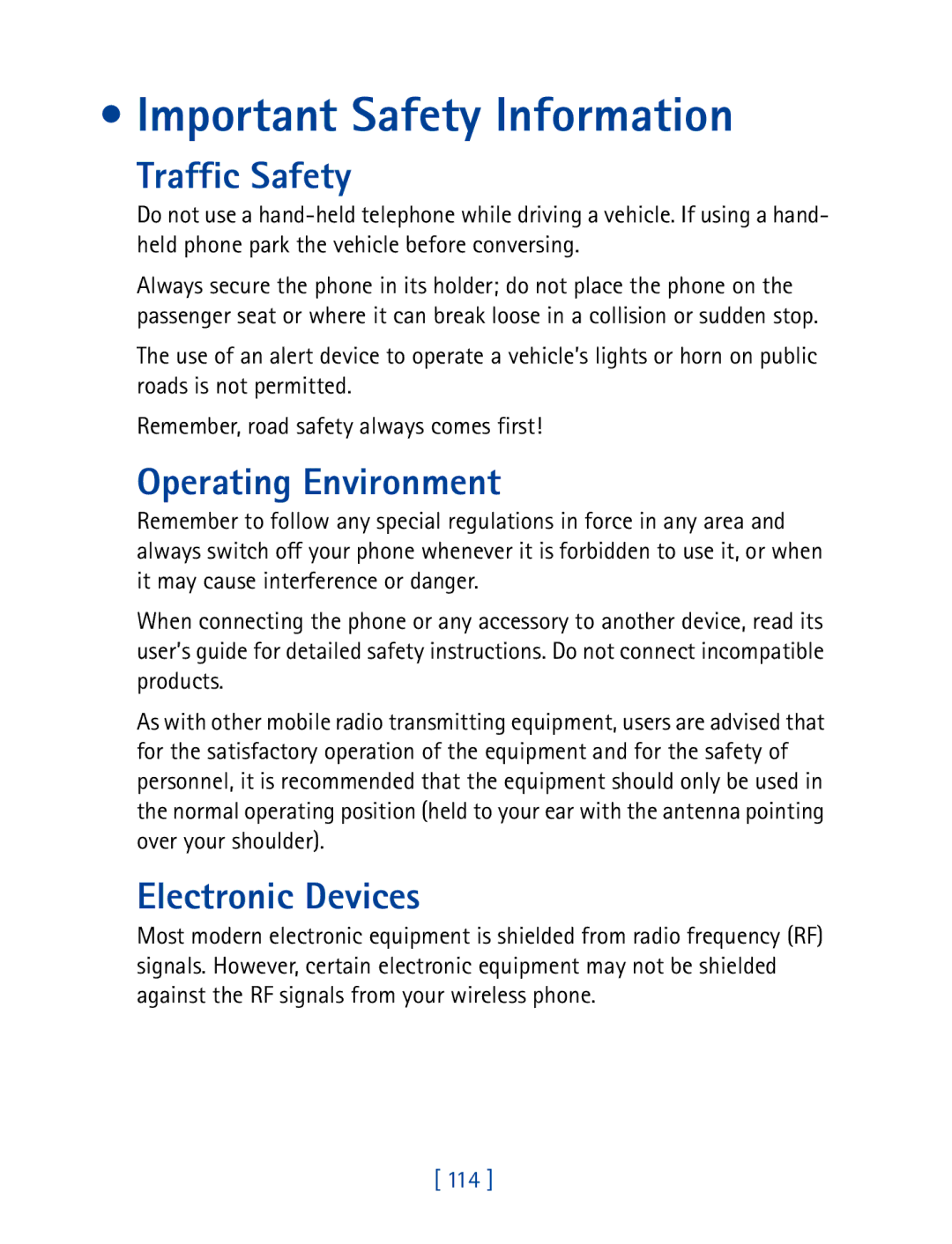 Nokia 7160 manual Important Safety Information, Traffic Safety, Operating Environment, Electronic Devices, 114 