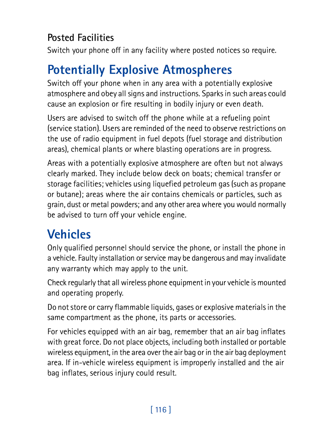 Nokia 7160 manual Potentially Explosive Atmospheres, Vehicles, Posted Facilities, 116 