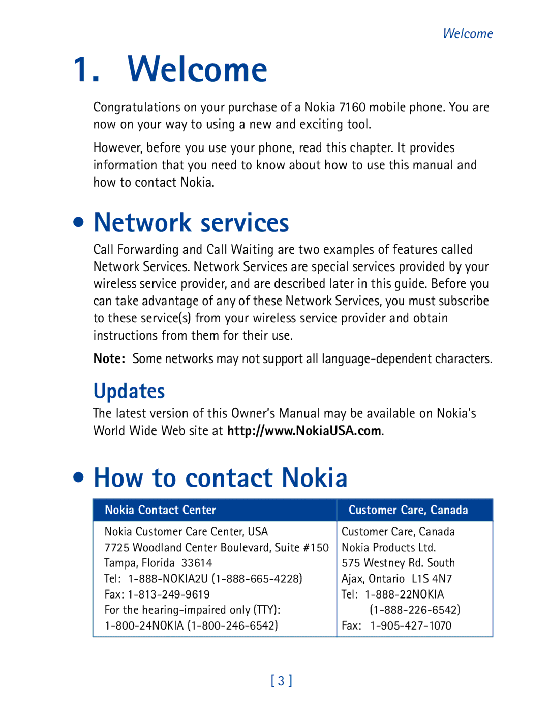 Nokia 7160 manual Welcome, Network services, How to contact Nokia, Updates 