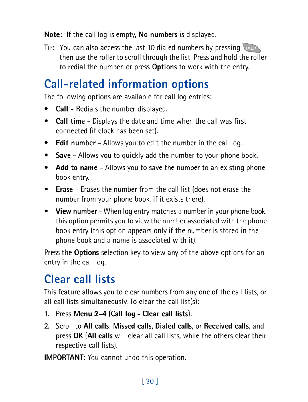 Nokia 7160 manual Call-related information options, Clear call lists, Important You cannot undo this operation 