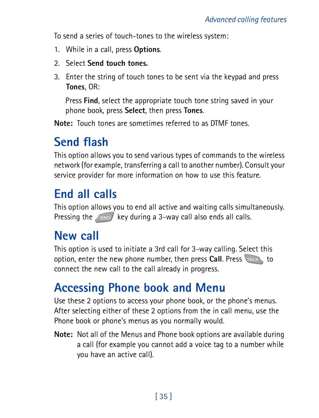 Nokia 7160 manual Send flash, End all calls, New call, Accessing Phone book and Menu, Select Send touch tones 