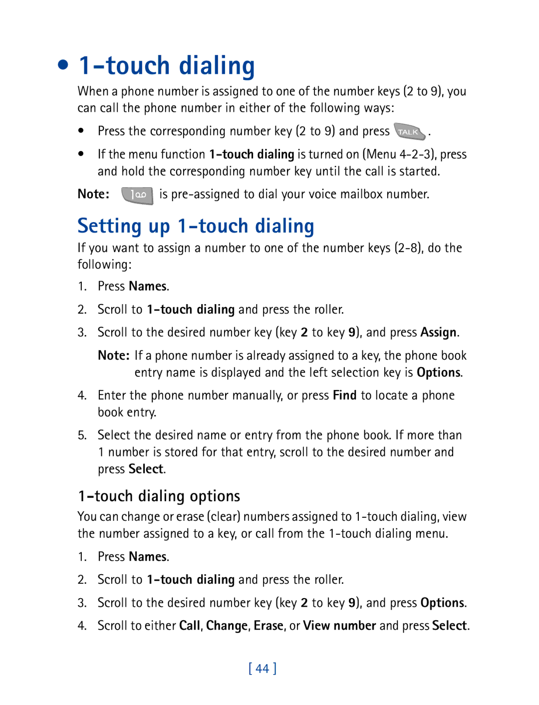 Nokia 7160 Setting up 1-touch dialing, Touch dialing options, Press the corresponding number key 2 to 9 and press 