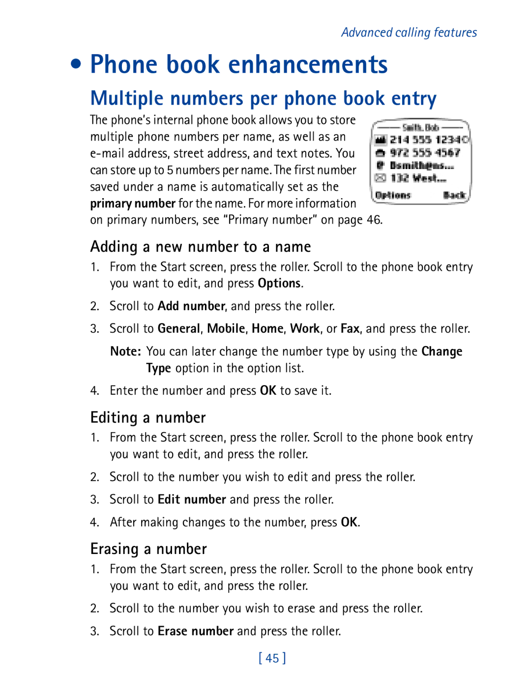 Nokia 7160 Phone book enhancements, Multiple numbers per phone book entry, Adding a new number to a name, Editing a number 