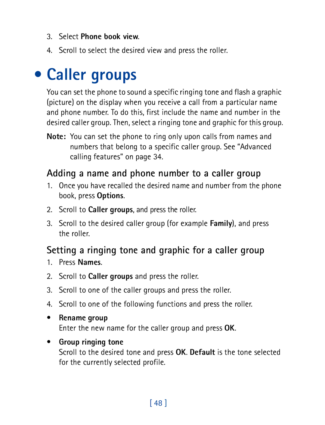 Nokia 7160 manual Caller groups, Adding a name and phone number to a caller group 