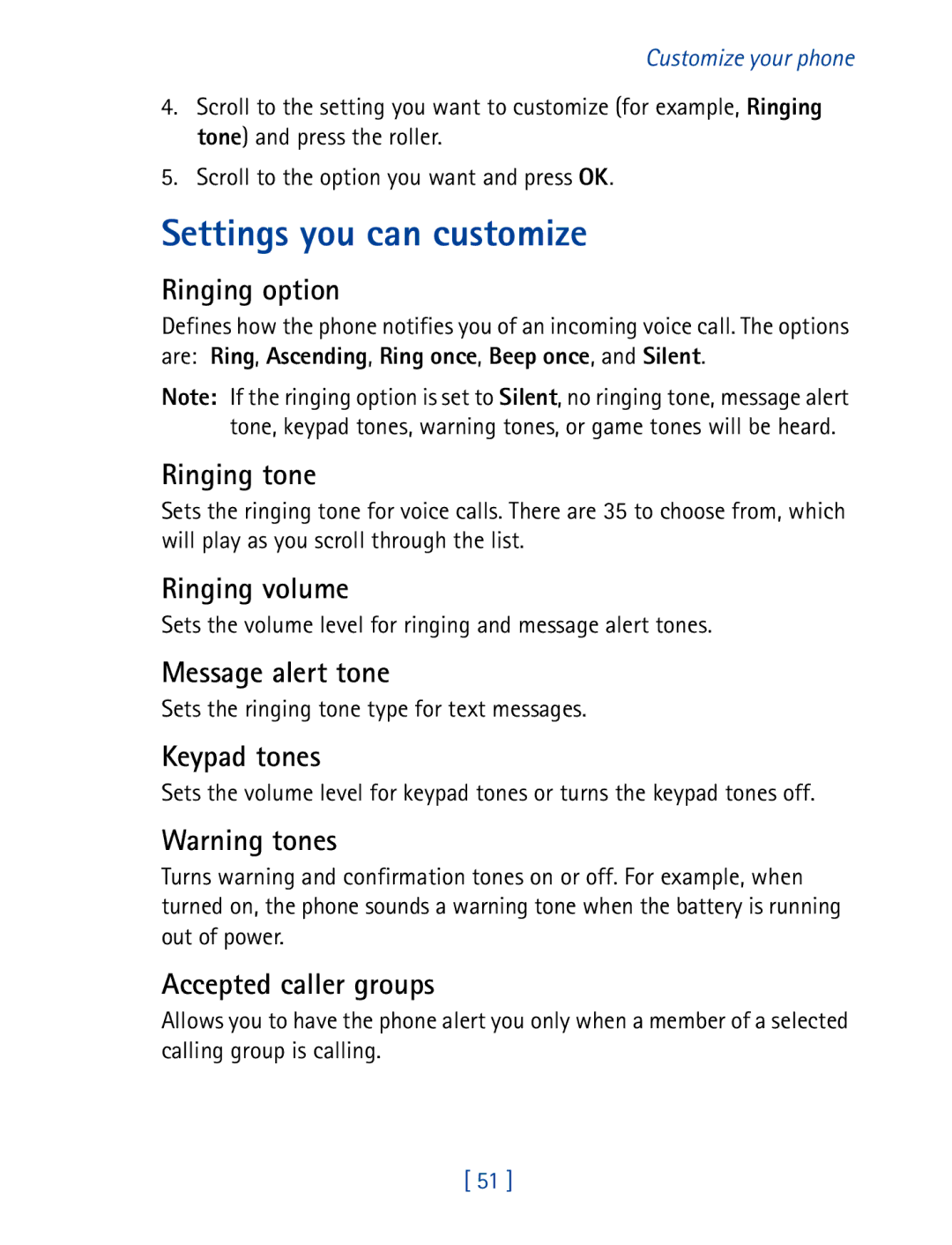 Nokia 7160 manual Settings you can customize 