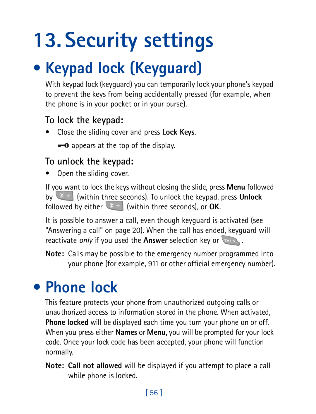 Nokia 7160 manual Security settings, Keypad lock Keyguard, Phone lock, To lock the keypad, To unlock the keypad 