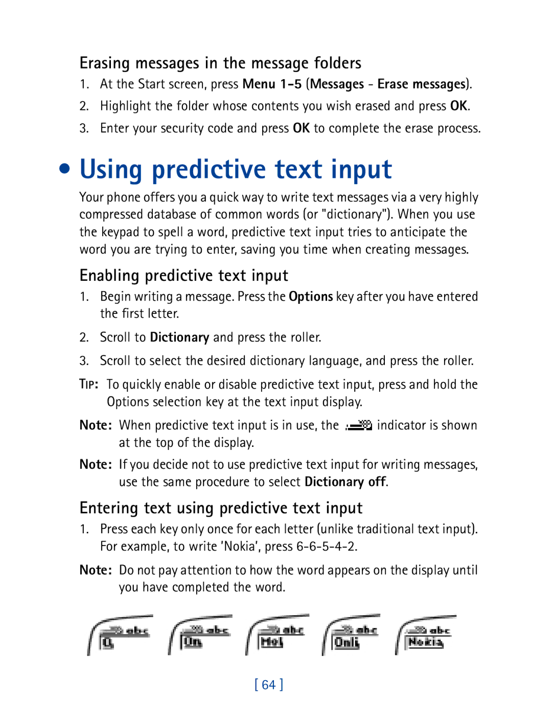 Nokia 7160 manual Using predictive text input, Erasing messages in the message folders, Enabling predictive text input 