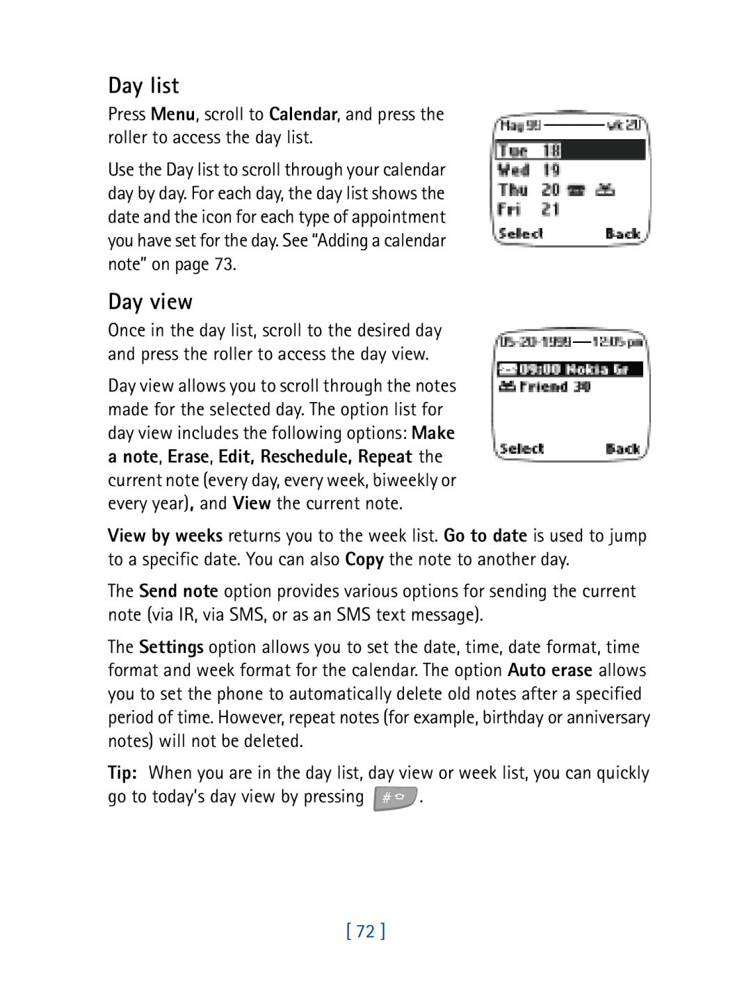 Nokia 7160 manual Day list, Day view 