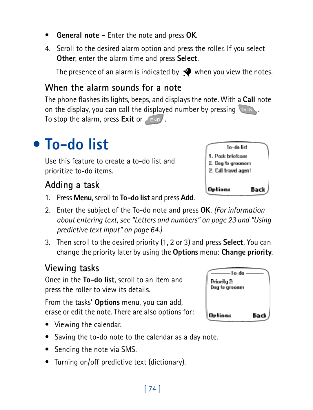 Nokia 7160 manual To-do list, When the alarm sounds for a note, Adding a task, Viewing tasks 