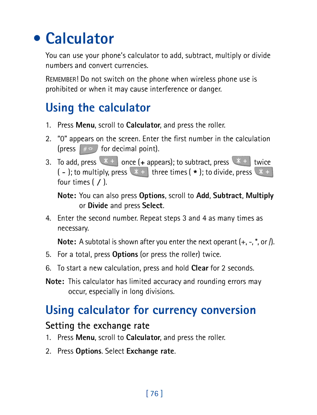 Nokia 7160 manual Calculator, Using the calculator, Using calculator for currency conversion, Setting the exchange rate 