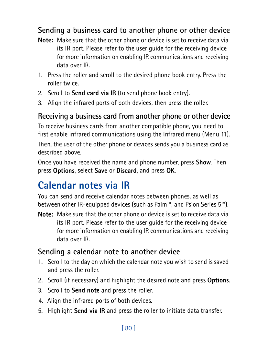 Nokia 7160 manual Calendar notes via IR, Sending a calendar note to another device 