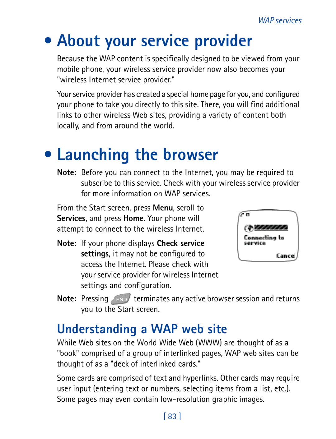 Nokia 7160 manual About your service provider, Launching the browser, Understanding a WAP web site 