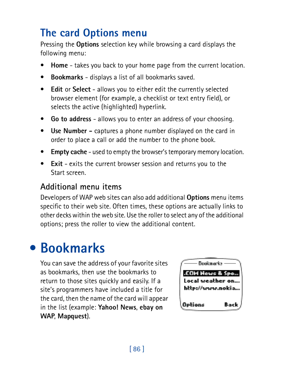 Nokia 7160 manual Bookmarks, Card Options menu, Additional menu items 