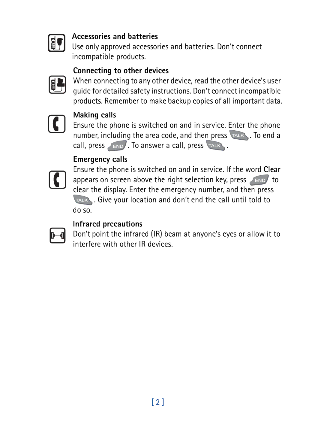 Nokia 7190 Accessories and batteries, Connecting to other devices, Making calls, Emergency calls, Infrared precautions 