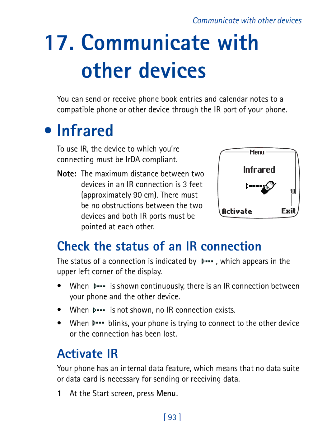 Nokia 7190 manual Infrared, Check the status of an IR connection, Activate IR 