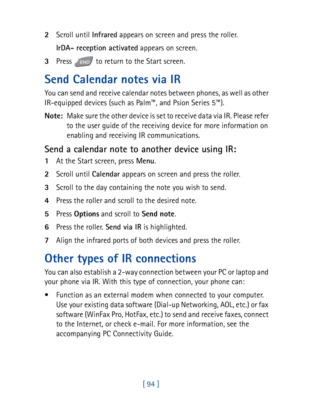 Nokia 7190 Send Calendar notes via IR, Other types of IR connections, Send a calendar note to another device using IR 