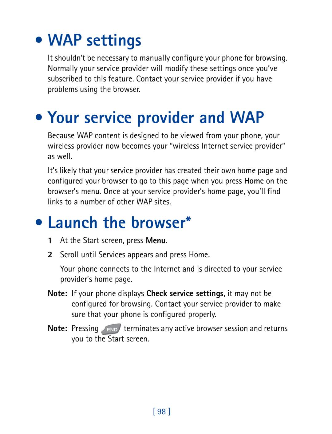 Nokia 7190 manual WAP settings, Your service provider and WAP, Launch the browser 