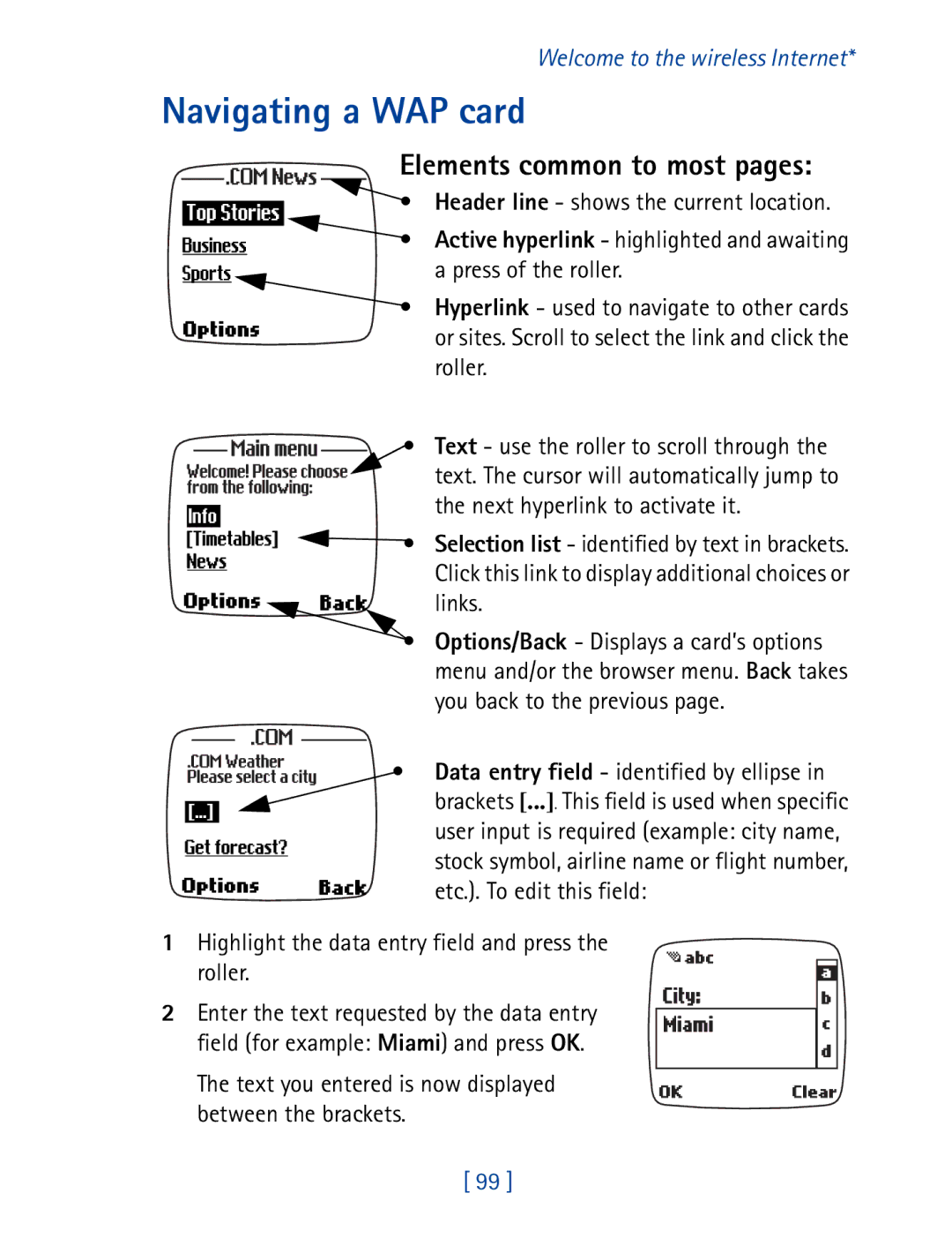 Nokia 7190 manual Navigating a WAP card, Elements common to most pages, Highlight the data entry field and press Roller 