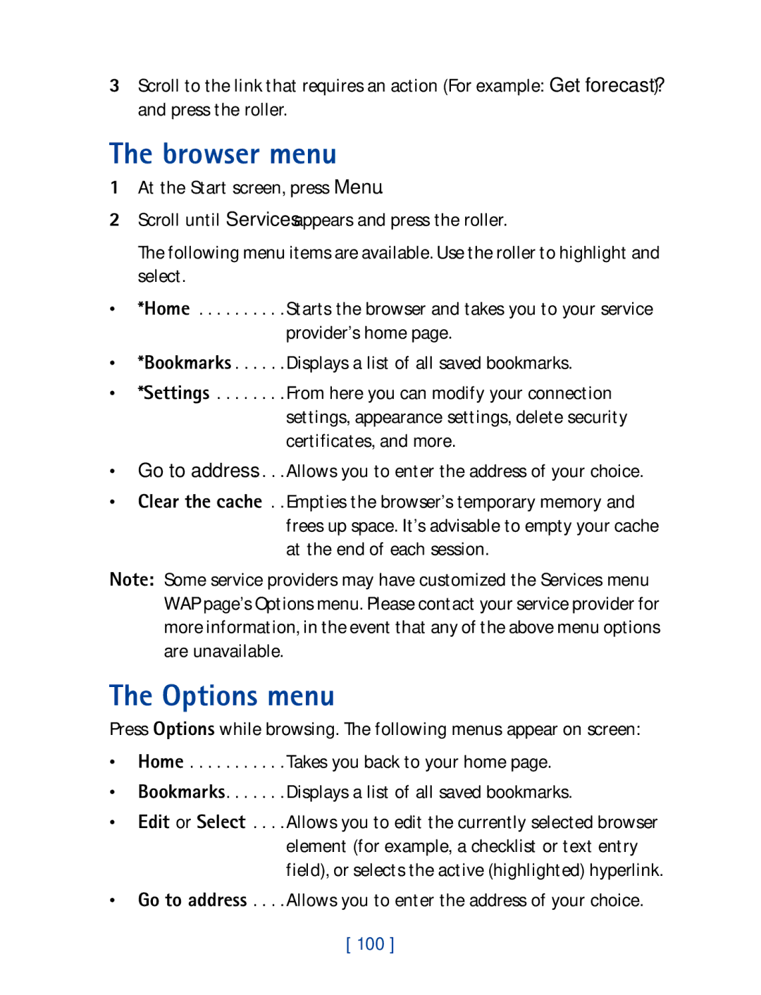 Nokia 7190 manual Browser menu, Options menu 